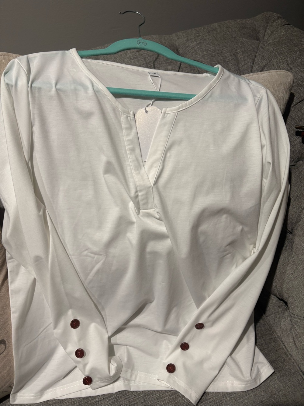 Women’s White Long-Sleeve Henley Shirt with Button Cuffs -2X
